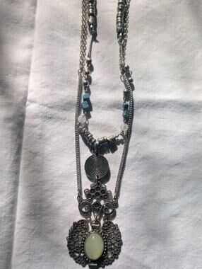 vintage-style silver-tone multi-strand assemblage statement necklace Blue Green